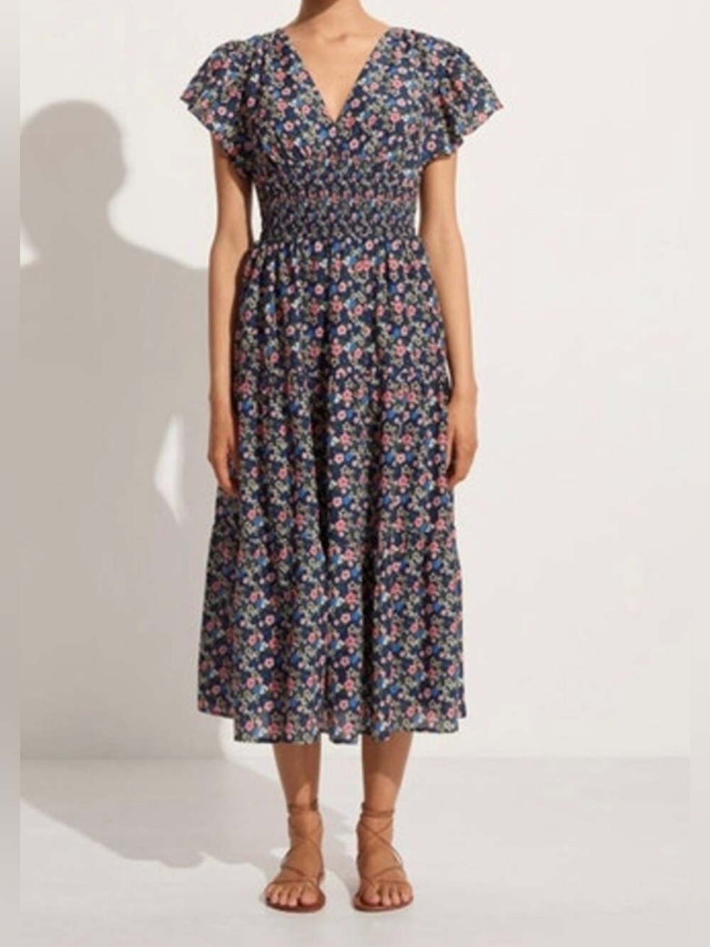 Trovata Birds of Paradis Kendall Floral Smocked Waist Midi Dress Garden Blue